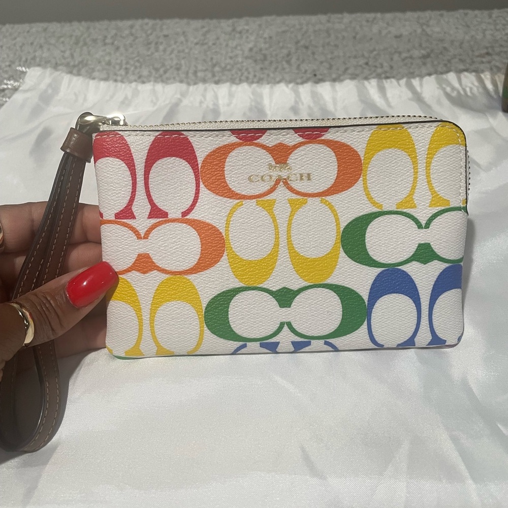 Coach White and Multicolor Logo Wristlet